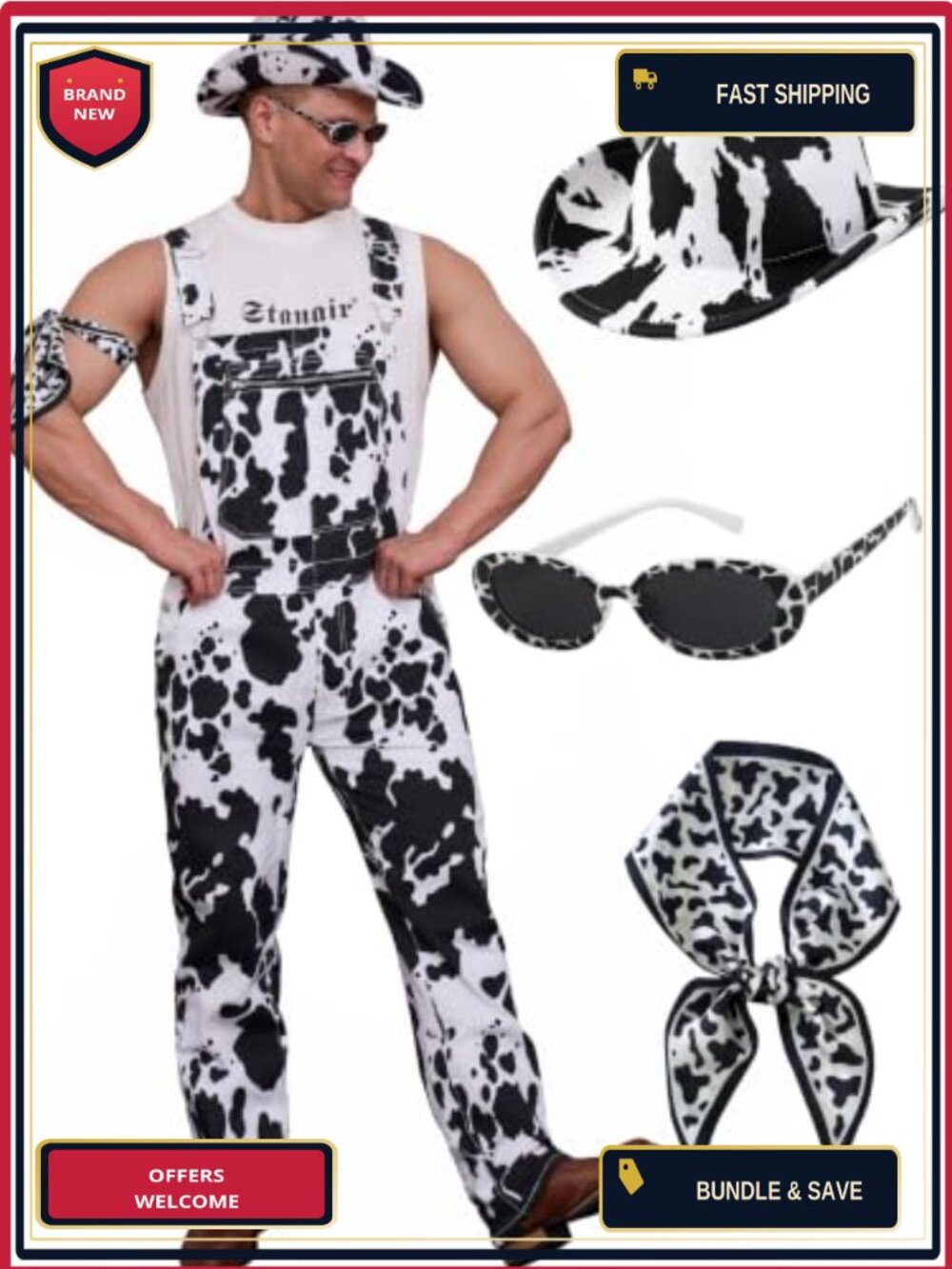 Men's 4-Piece Cow Costume Set Overalls Hat Bandana Sunglasses